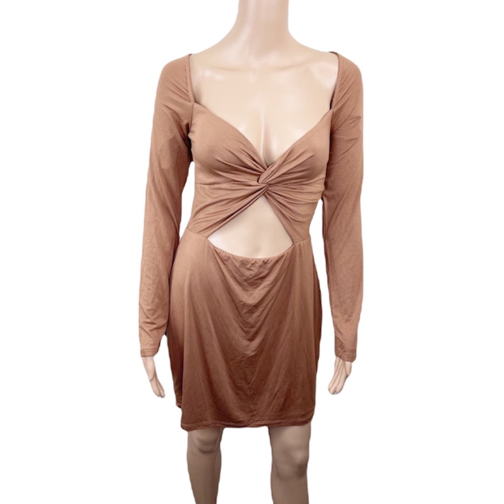 Privacy Please Twist Cut-out Front Long Sleeve Short Mini Nude Tan Dress
